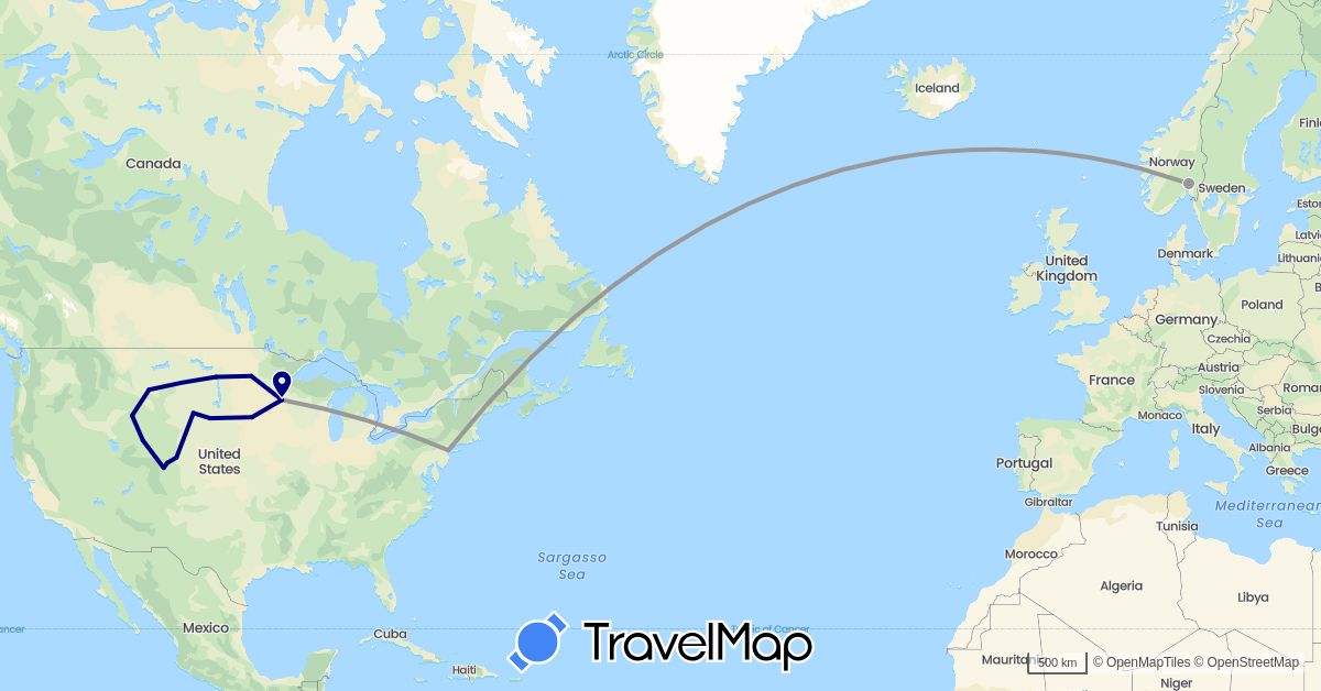 TravelMap itinerary: driving, plane in Norway, United States (Europe, North America)